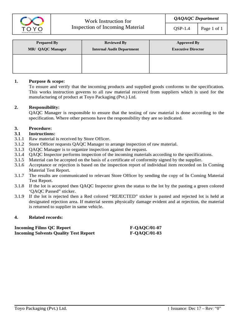 Incoming Material Inspection Procedure | PDF