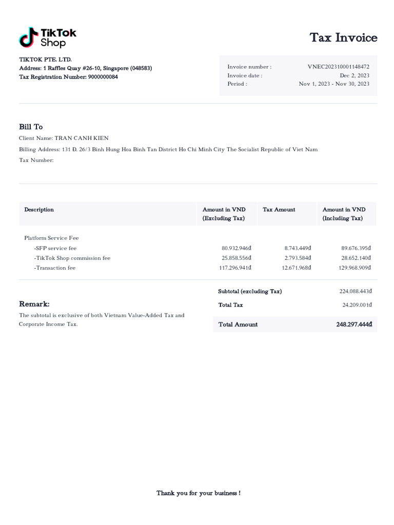 Tax Invoice for TikTok Services | PDF