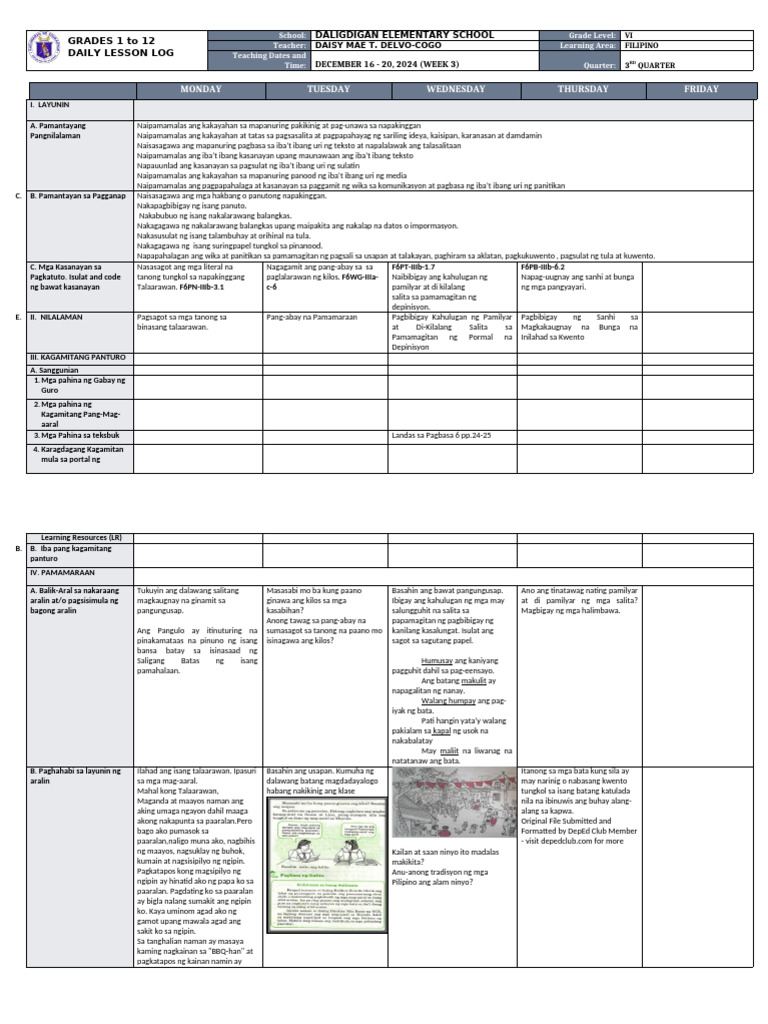 DLL - Filipino 6 - Q3 - W3 | PDF