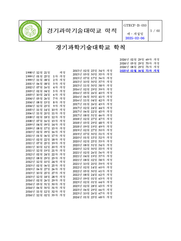 B010 - 경기과학기술대학교 학칙 (20250206 시행 - 72차 개정 - B010) | PDF