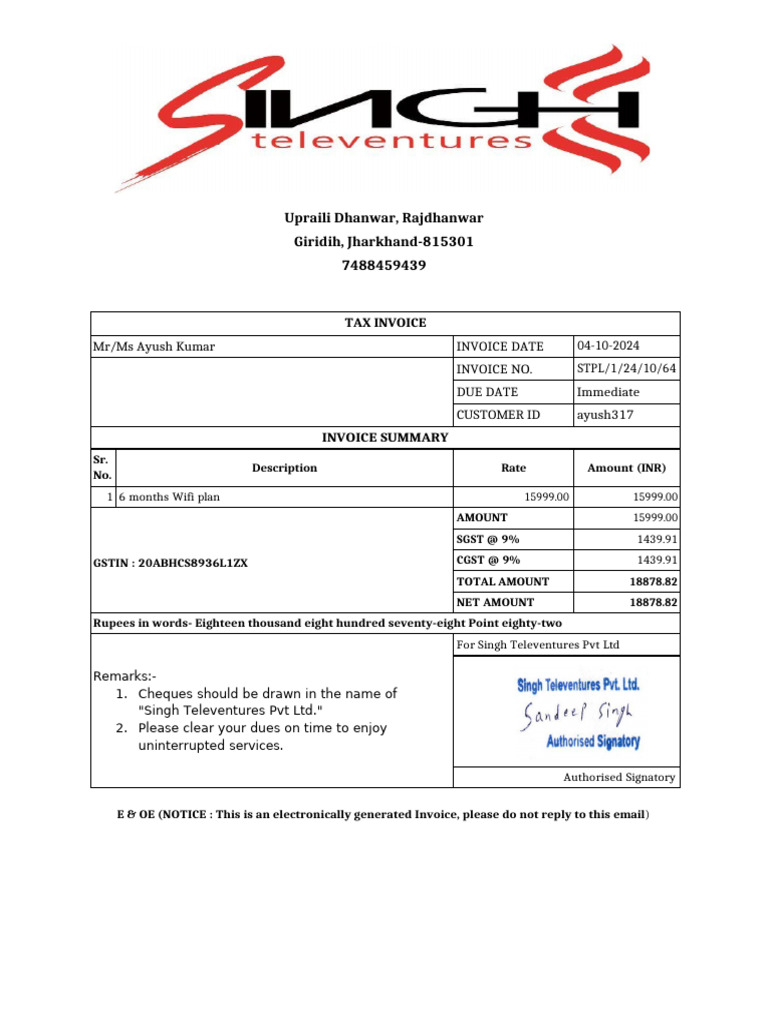 Tax Invoice for Wifi Plan - Ayush Kumar | PDF