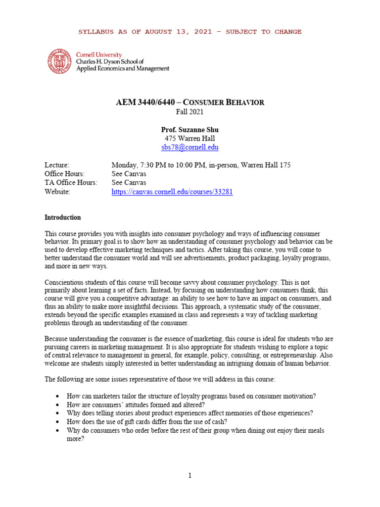 Consumer Behavior Course Syllabus 2021 | PDF | Consumer Behaviour ...
