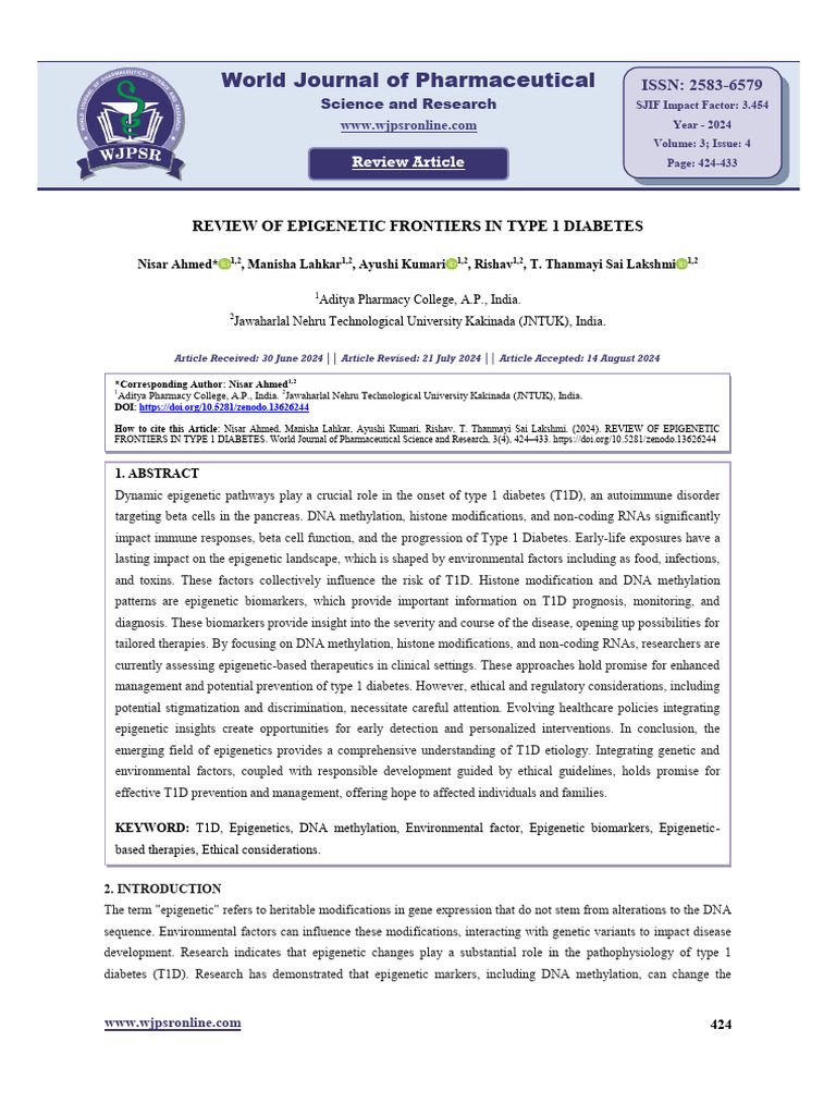 Epigenetics in Type 1 Diabetes Review | PDF | Epigenetics | Regulation ...