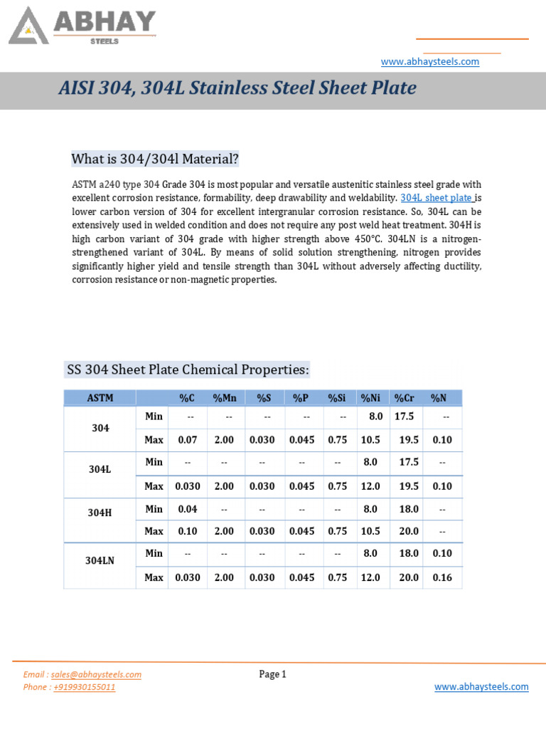 Astm A240 Type 304 Sheet Plate Specifications | PDF | Stainless Steel ...