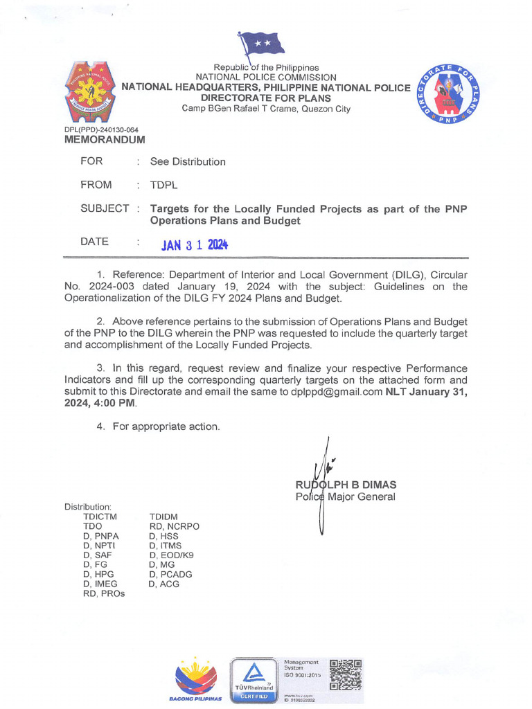 Targets For The Locally Funded Projects As Part of The PNP Operations ...
