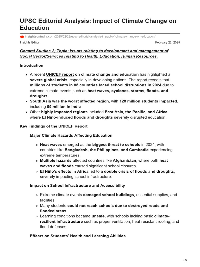UPSC Editorial Analysis Impact of Climate Change On Education | PDF ...