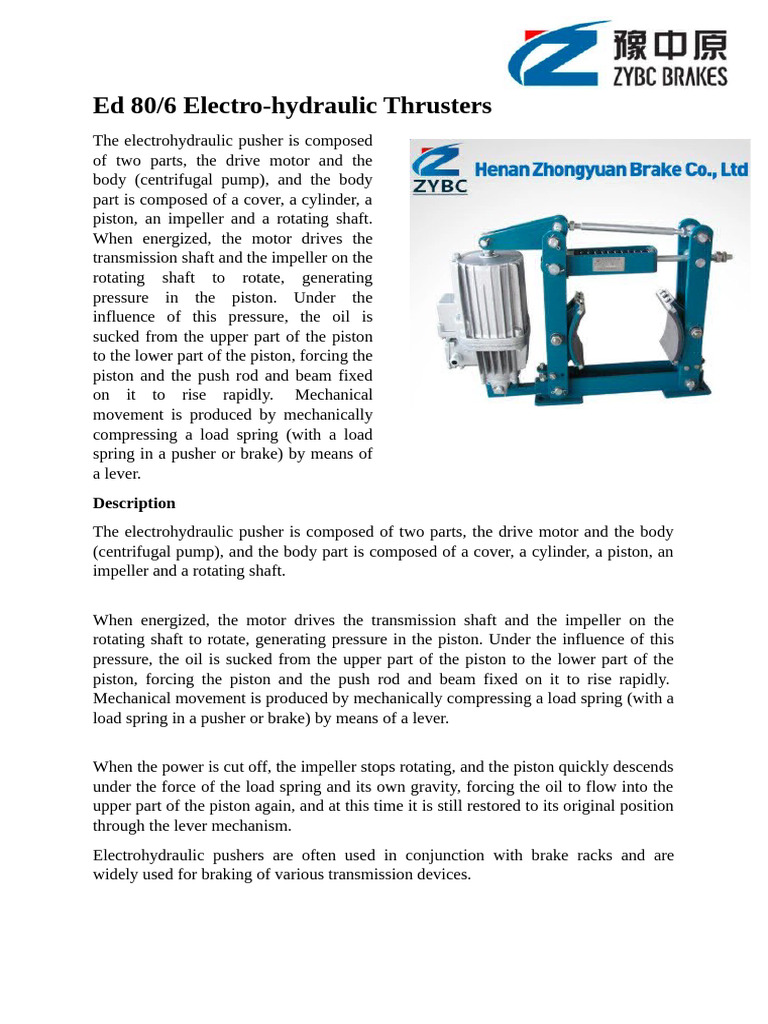 Electrohydraulic Thrusters Overview | PDF