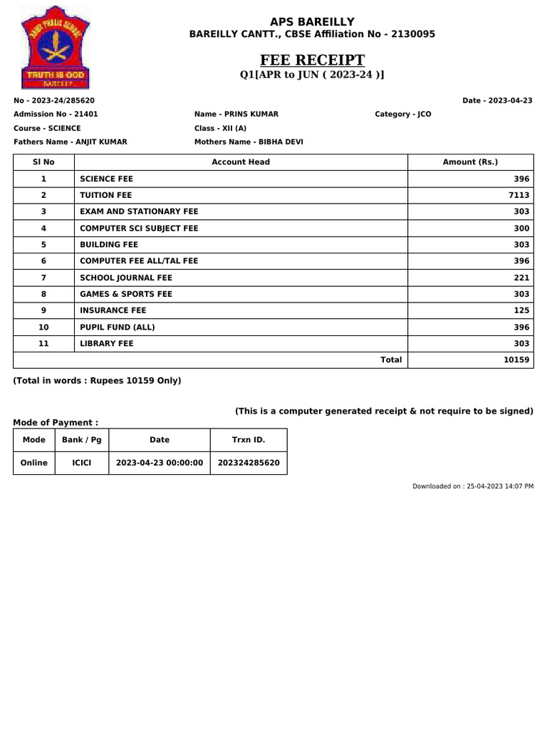 APS Bareilly Class XII Fee Receipt | PDF | Educational Stages