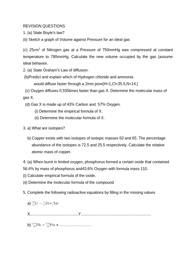 Chemistry Revision Questions and Answers | PDF | Gases | Chemical ...