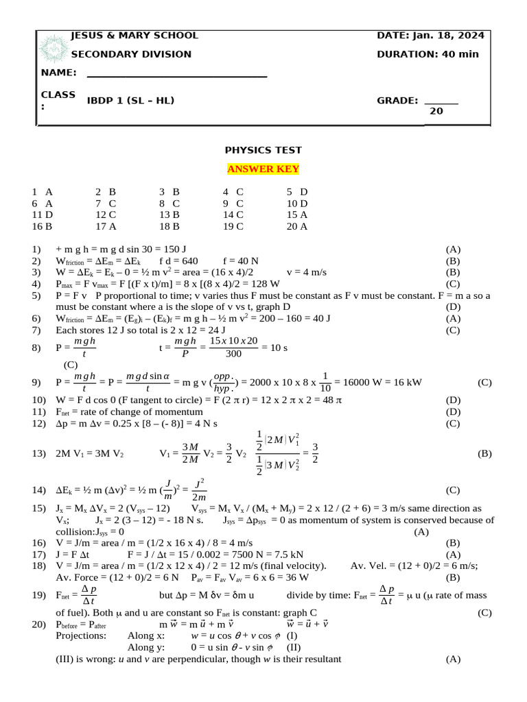 Ib 1 - Physics Test - 18-1-24 Answer Key | PDF | Physics | Mechanics