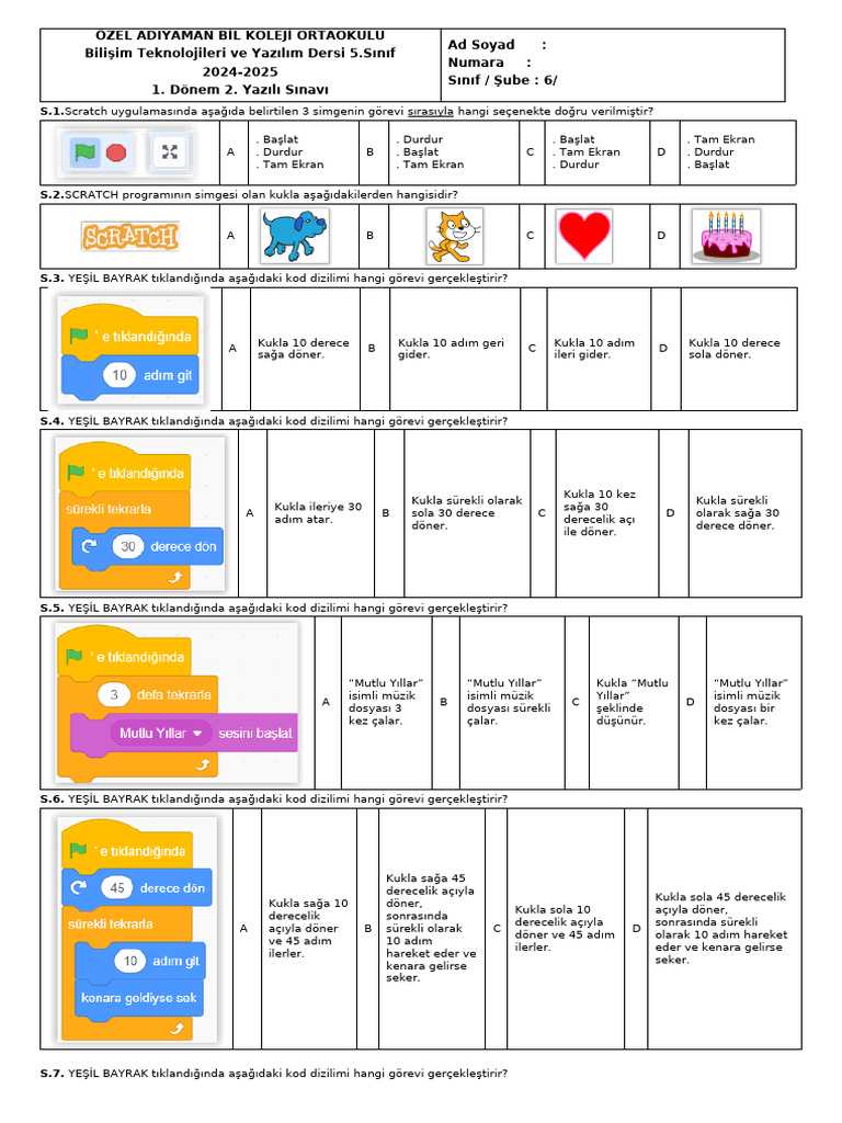 Scratch Sınav - 20 Test Sorusu | PDF