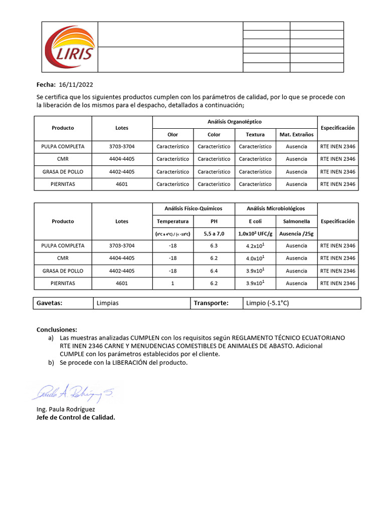 Certificación de Calidad Productos Avícolas | PDF