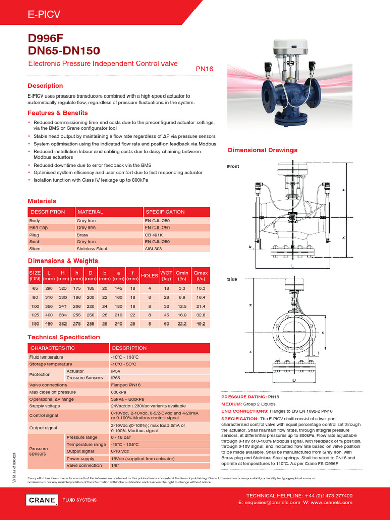 E-PICV Valve Technical Specifications | PDF | Valve | Flow Measurement