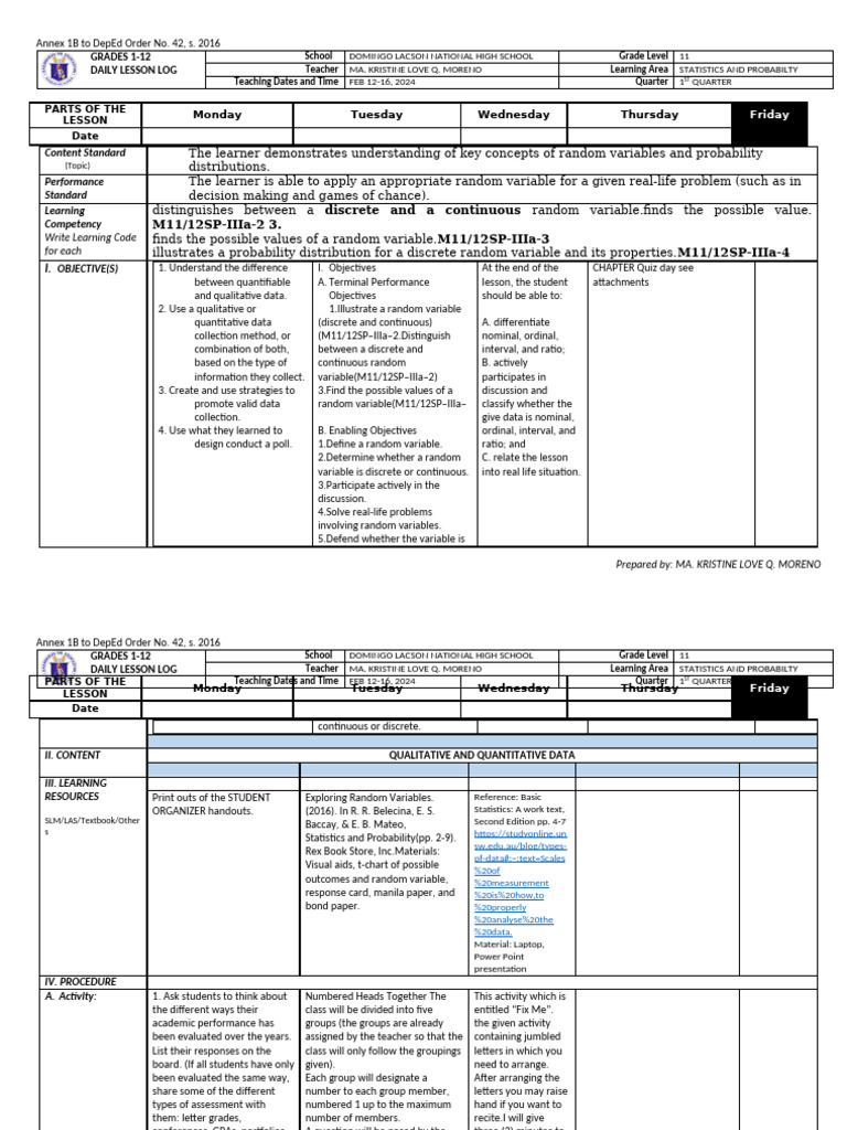 Daily Lesson Log: Statistics & Probability | PDF | Statistics ...