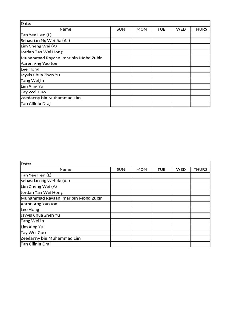 Weekly Team Roster Schedule | PDF