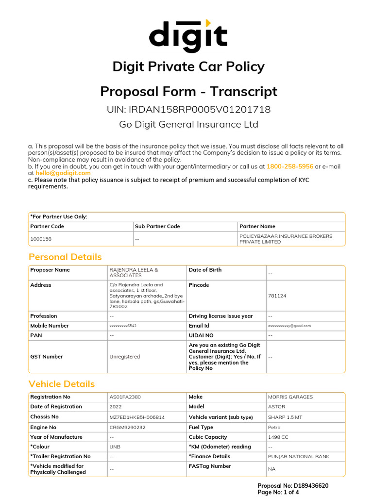 Go Digit Car Insurance Proposal Form | PDF | Insurance
