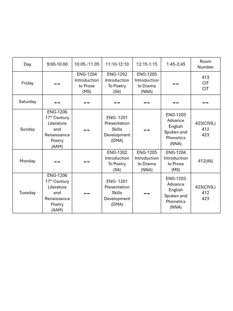 Weekly English Course Schedule | PDF | Writing