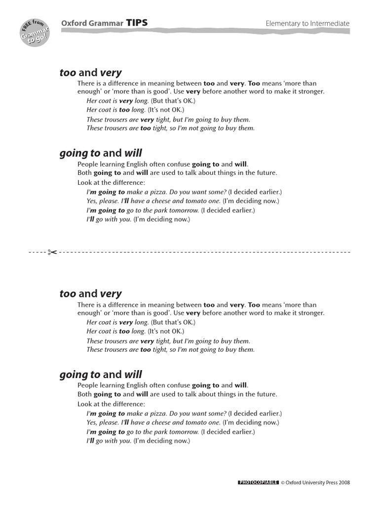 Grammar Tips: Too vs. Very & Future Tense | PDF
