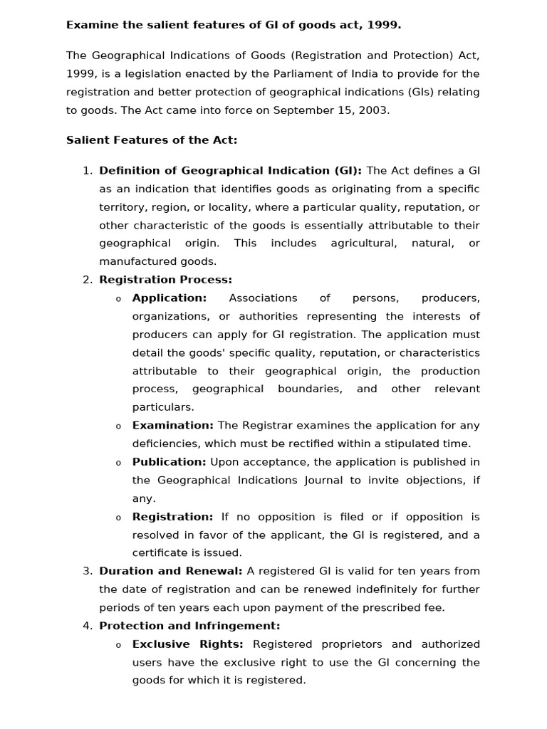 Salient Features of GI Act 1999 | PDF | Trademark Infringement | Trips ...