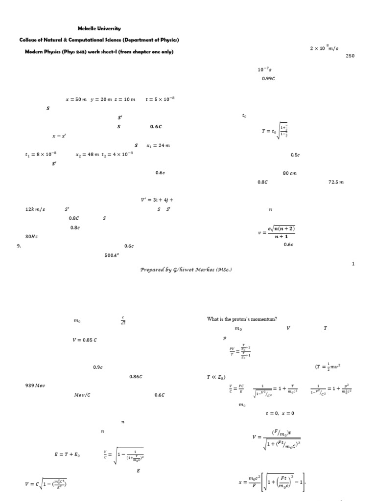 Relativity Worksheet: Key Concepts & Problems | PDF | Special ...