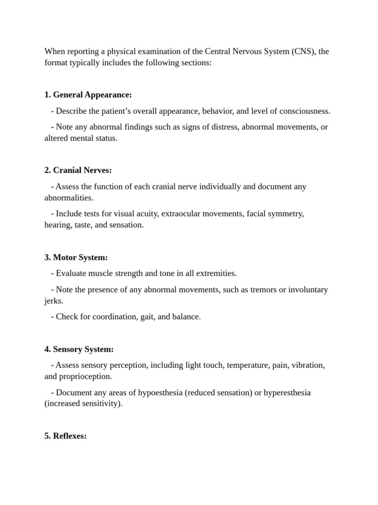 CNS Examination Overview and Findings | PDF | Neurology | Senses