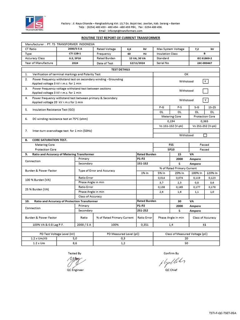 Pt. Ts Transformer Indonesia: Routine Test Report of Current ...