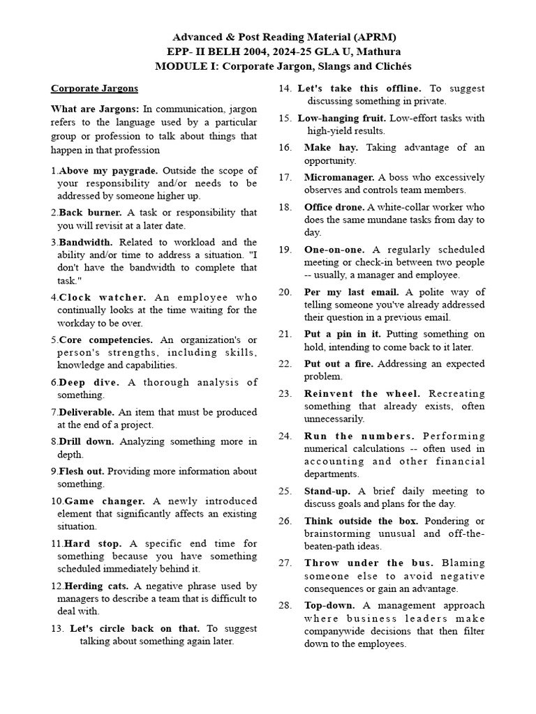 Corporate Jargon and Slang Explained | PDF | Slang