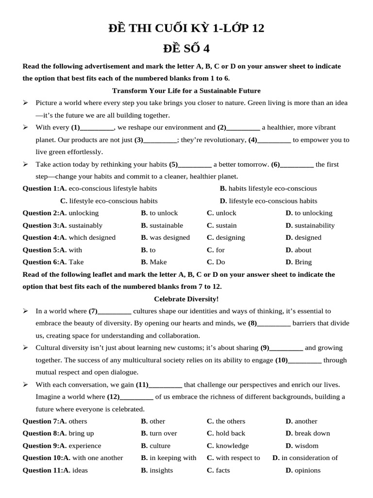 CK1 LỚP 12 ĐỀ 4 | PDF | Sustainability | Urbanization