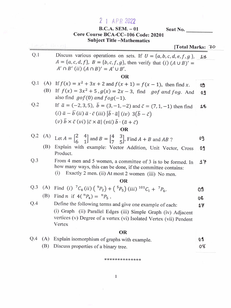 Bca Sem1 20201 Apr-2022 Mathematics Old | PDF