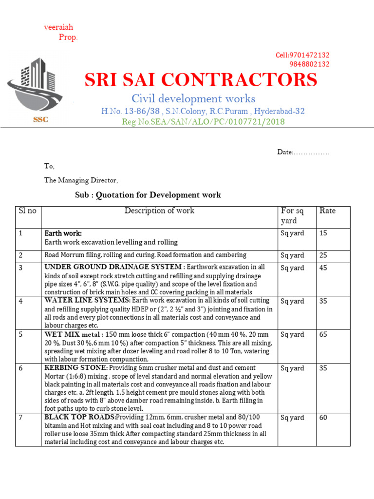 Quotation for Civil Development Works | PDF | Road | Building Materials