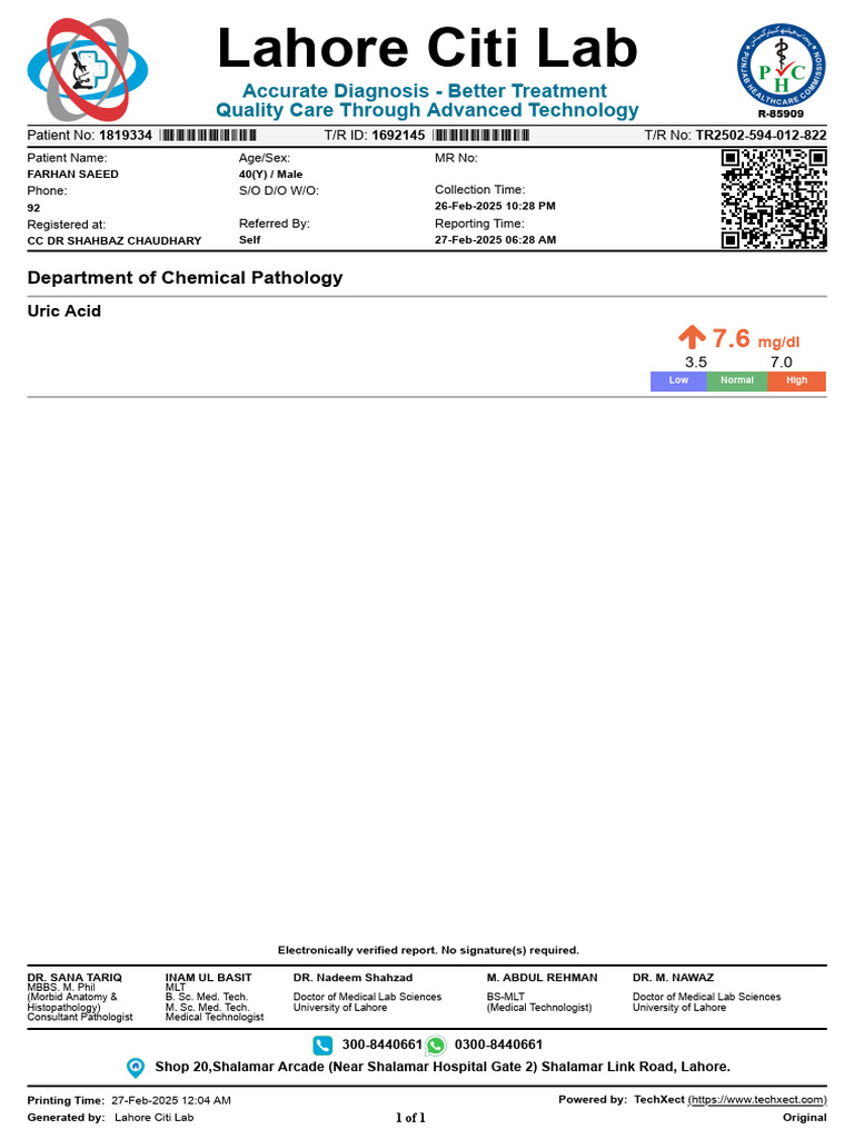 Uric Acid Test Report - Lahore Citi Lab | PDF