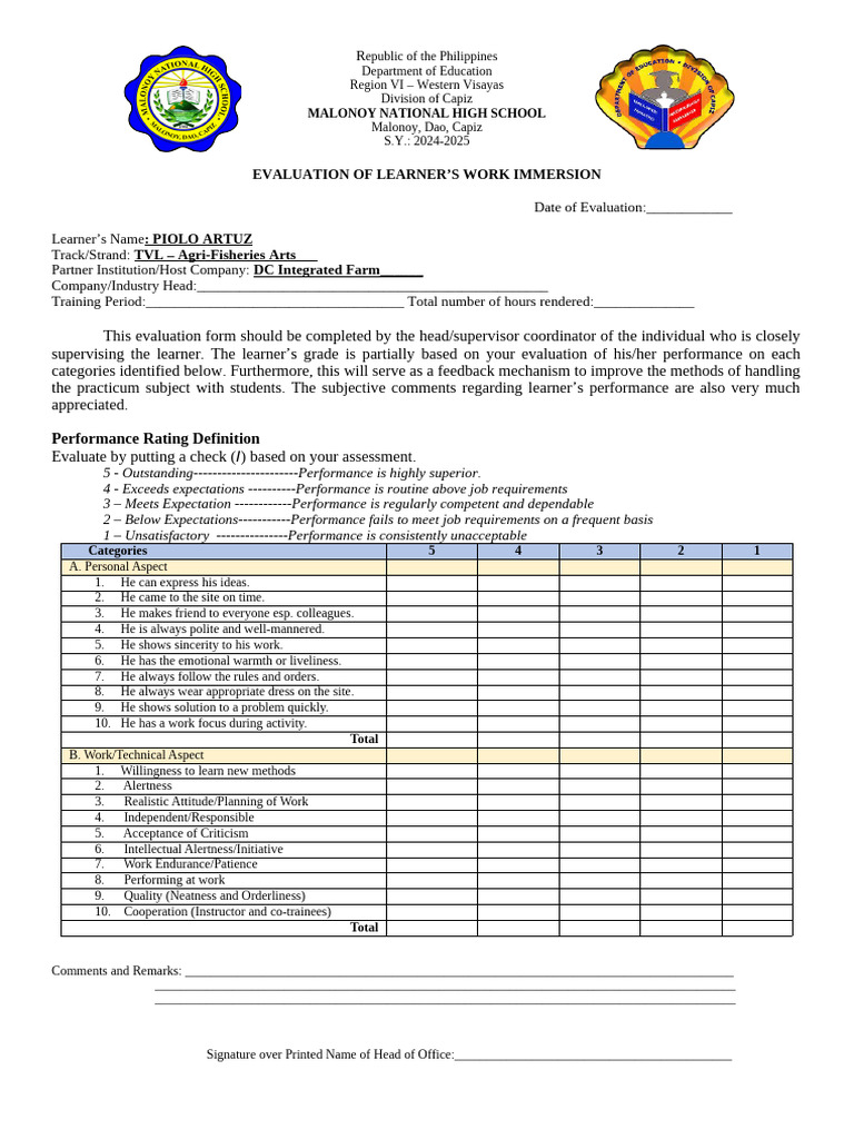 Work Immersion Evaluation Form 2024-2025 | PDF | Learning | Cognition