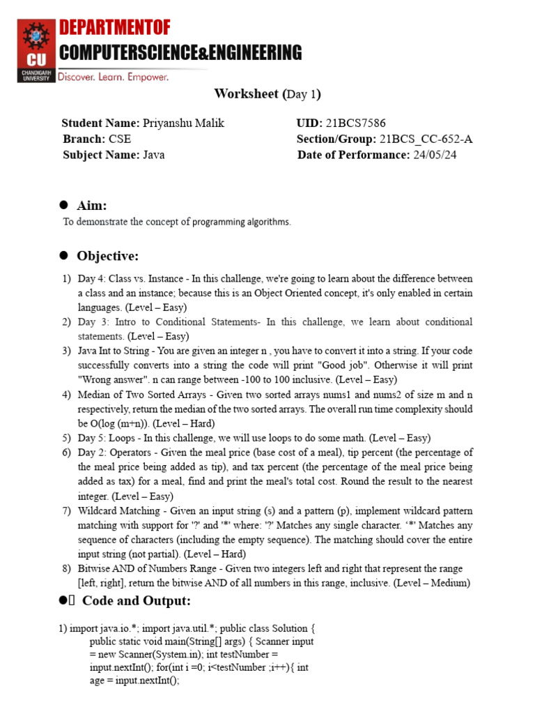 21BCS7586 PriyanshuMalik Day 1 | PDF | String (Computer Science ...