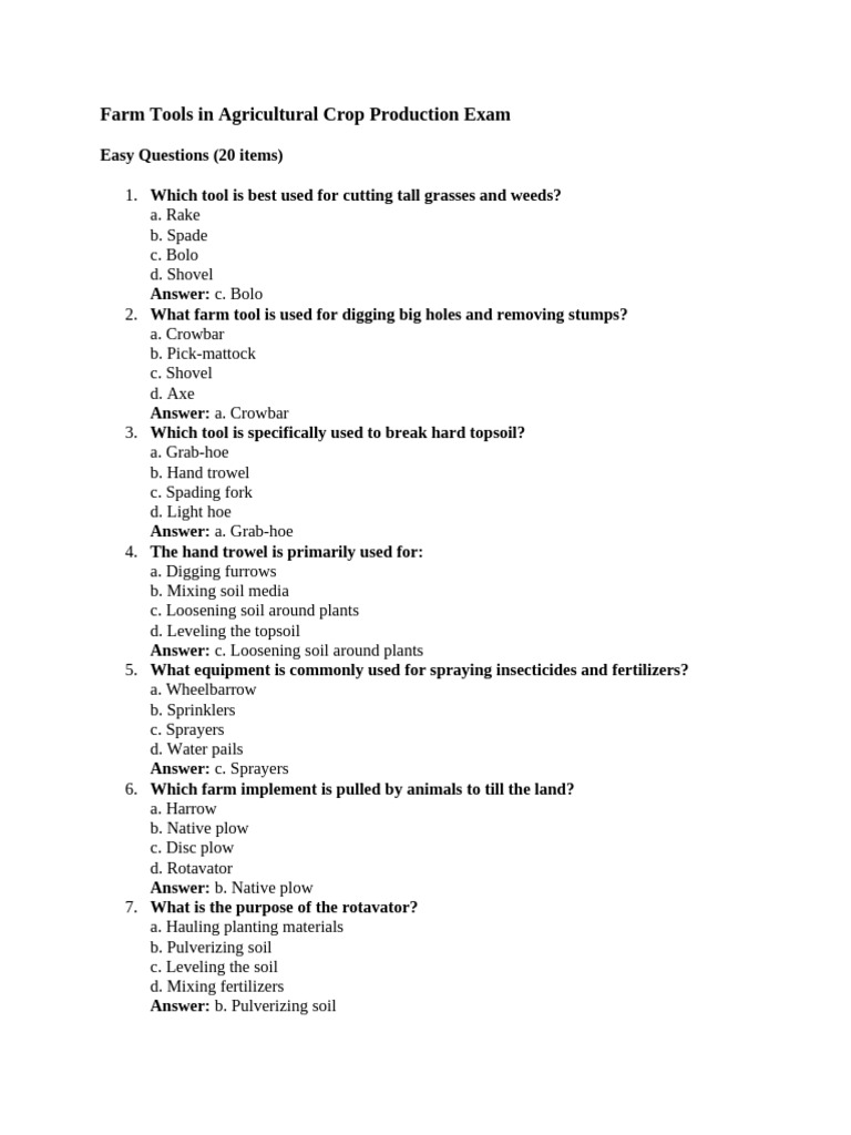 Farm Tools and Equipment Exam Guide | PDF | Area | Agriculture