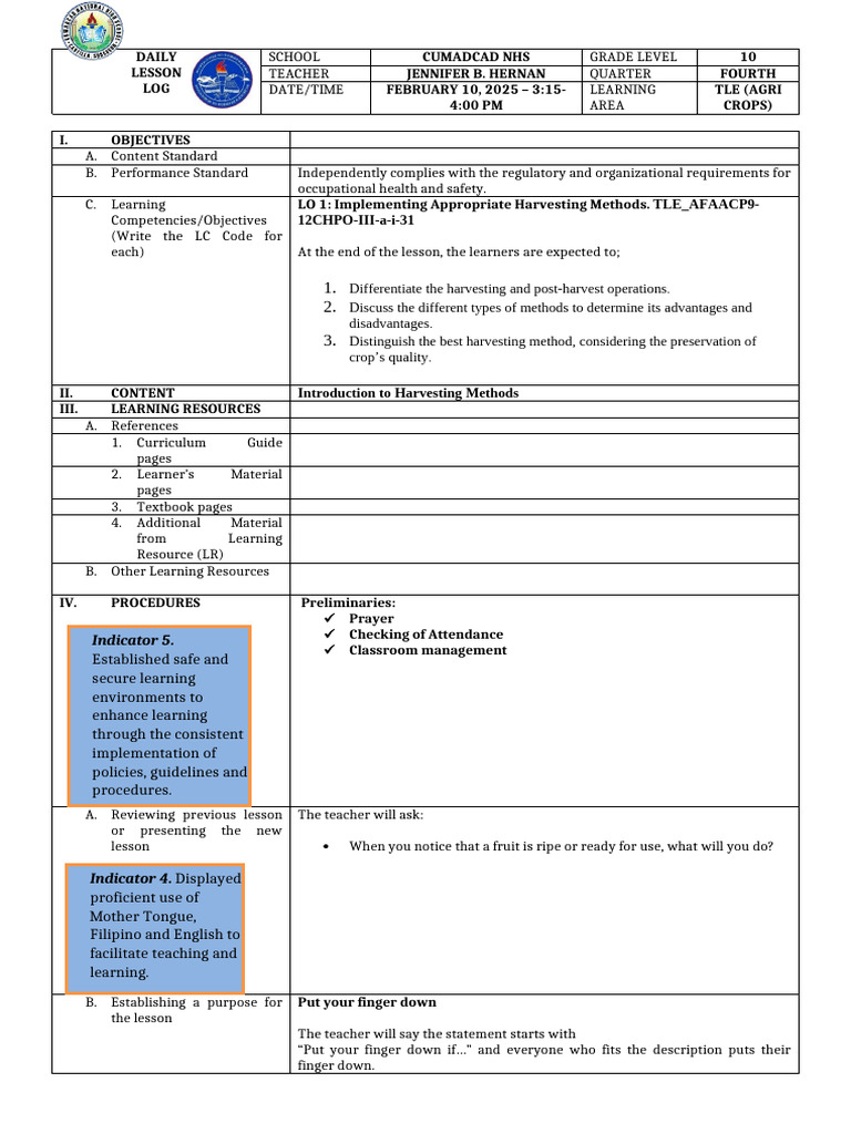 Harvesting Methods Lesson Plan for TLE | PDF | Harvest | Learning