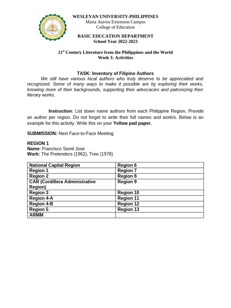 Week 3 Inventory of Filipino Authors | PDF