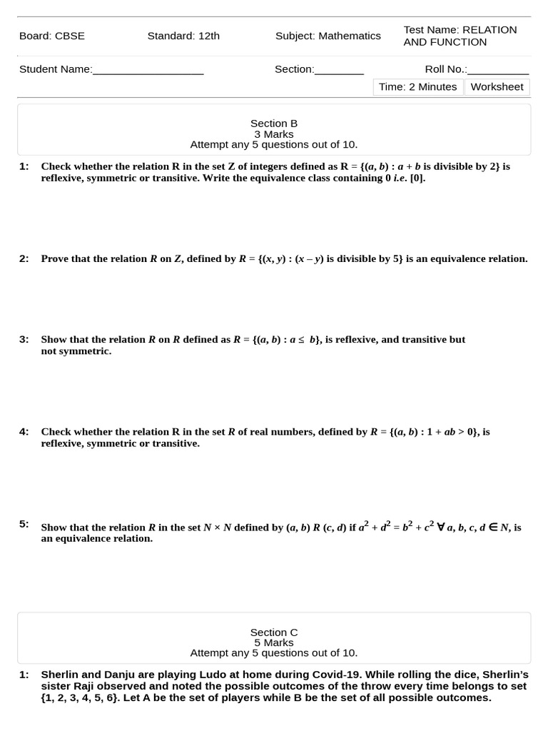 CBSE Class 12 Math Worksheet on Relations | PDF | Mathematical Concepts ...