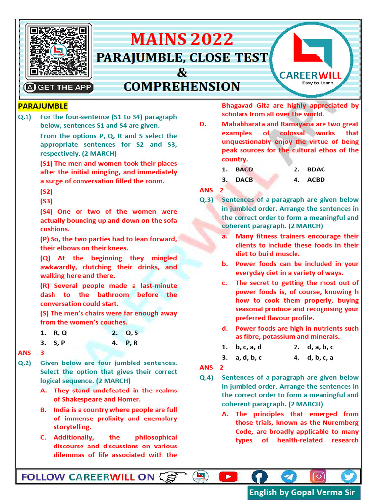 ,.Parajumble+cloze test+ Comprehension student copy | PDF