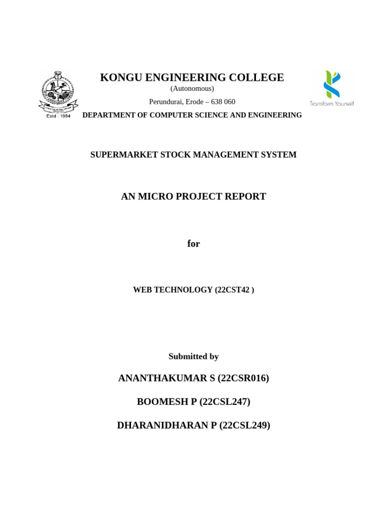 Supermarket Stock Management System Report | PDF | Inventory | Databases