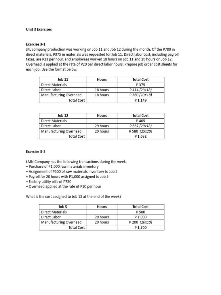 Job Costing Exercises and Calculations | PDF | Cost Of Goods Sold ...
