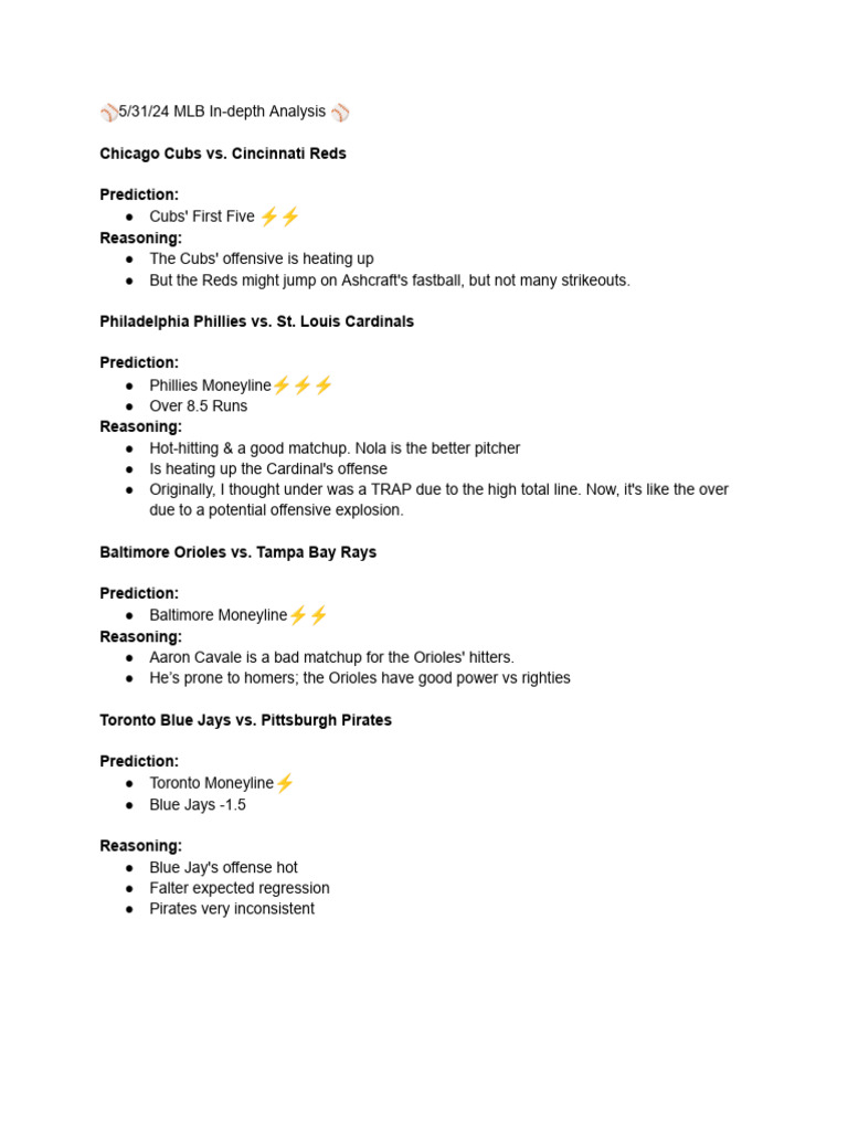 MLB Predictions and Analysis for 5/31/24 | PDF | New York Yankees | Run ...