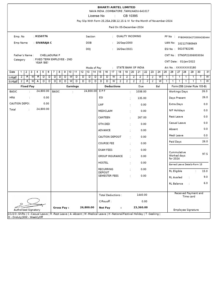 November 2024 Employee Pay Slip Summary | PDF | Payments | Taxes