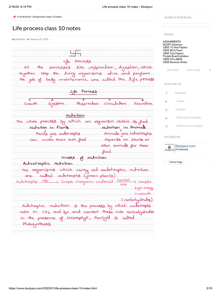 Class 10 Life Processes Notes PDF | PDF | Web 2.0 | World Wide Web
