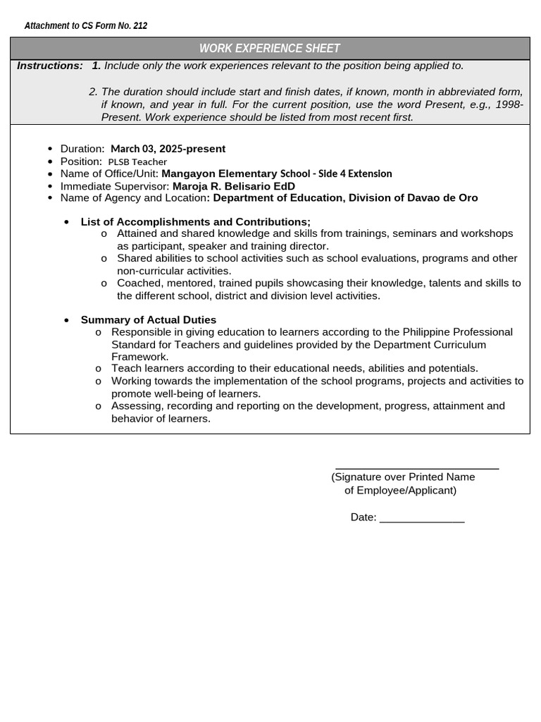 Work Experience Sheet CS Form No. 2121 | PDF