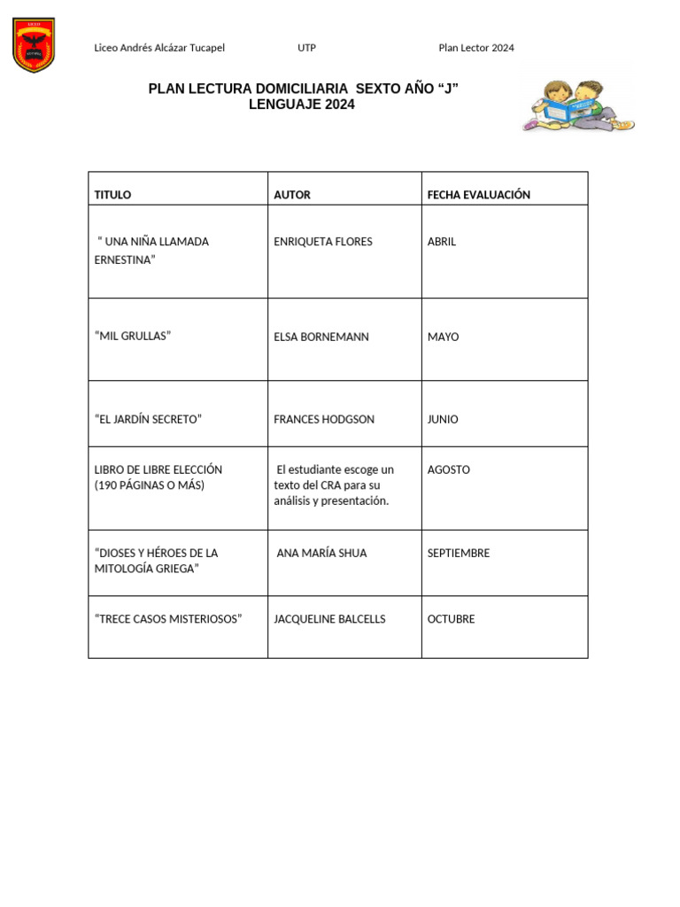 Plan Lector 2024 Sexto Año J | PDF