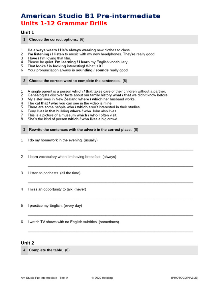 American Studio B1 Units 1-12 Grammar Drills | PDF | Hamburgers
