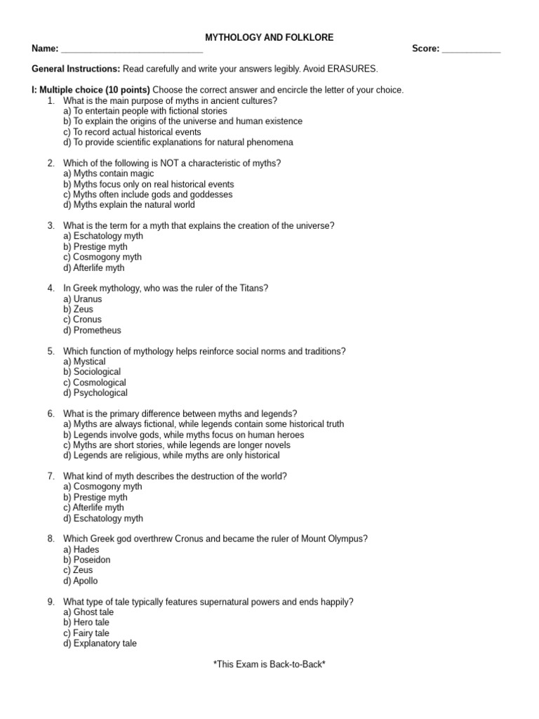 Myths and Folklore Exam Questions | PDF | Twelve Olympians | Greek ...
