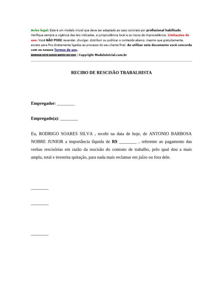 Modelo de Recibo de Rescisão Trabalhista | PDF