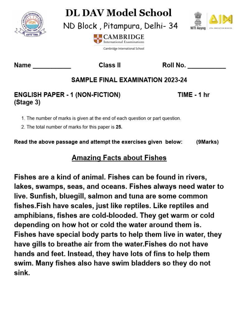 Class II English Exam: Fishes & China | PDF | Fish | Linguistic Typology
