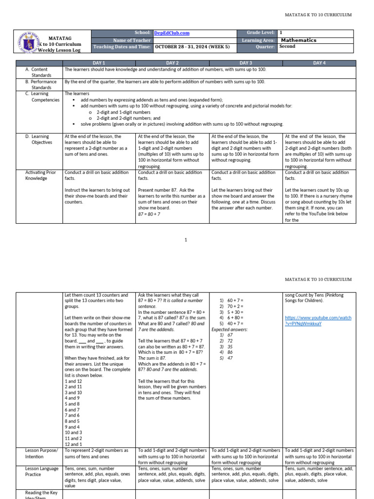 K-10 Math Lesson Plan: Addition Basics | PDF | Learning | Curriculum